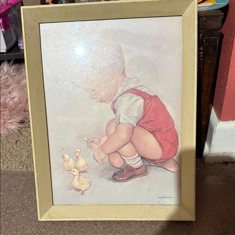 Adorable Child with Chicks Art Print in Yellow Frame